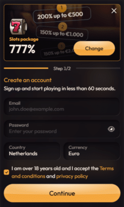 Kies je welkomstbonus en vul je persoonlijke gegevens in